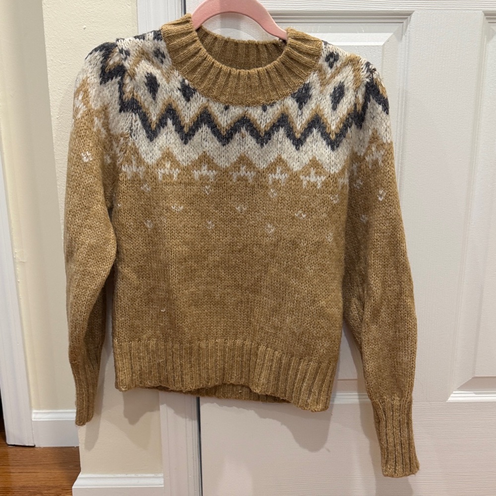 Heartloom Camel Fair Isle Crewneck Sweater with Navy & White Yoke